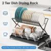2-layer bowl and dish drying rack with bowl, cup, and basin holder, foldable bowl and dish drain rack, suitable for kitchen countertops